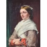 19th Century British School - Oil painting - Half length portrait of a young woman wearing white