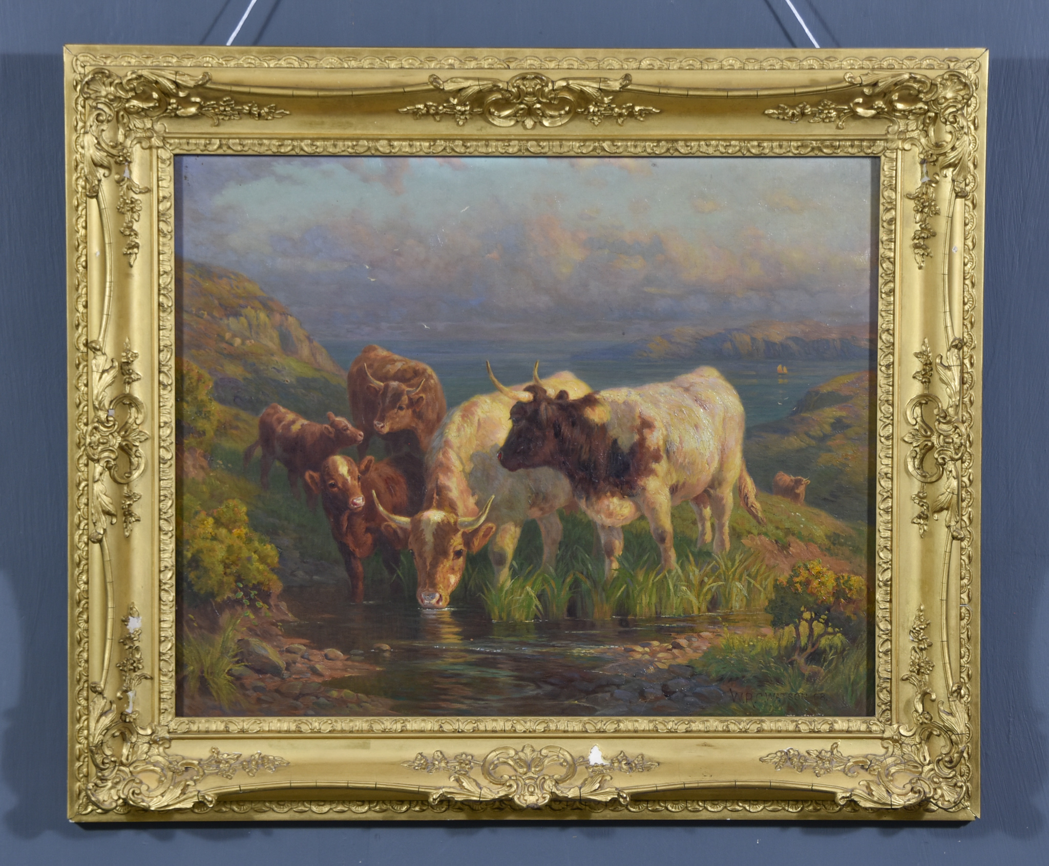 William R. C. Watson (fl. 1890-1900) - Oil painting - "On the Cliffs Near Land's End" - cattle - Image 2 of 4