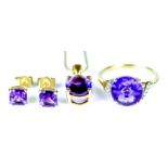 An Amethyst Suite, Modern, comprising - 9ct gold ring set with a centre faceted amethyst,