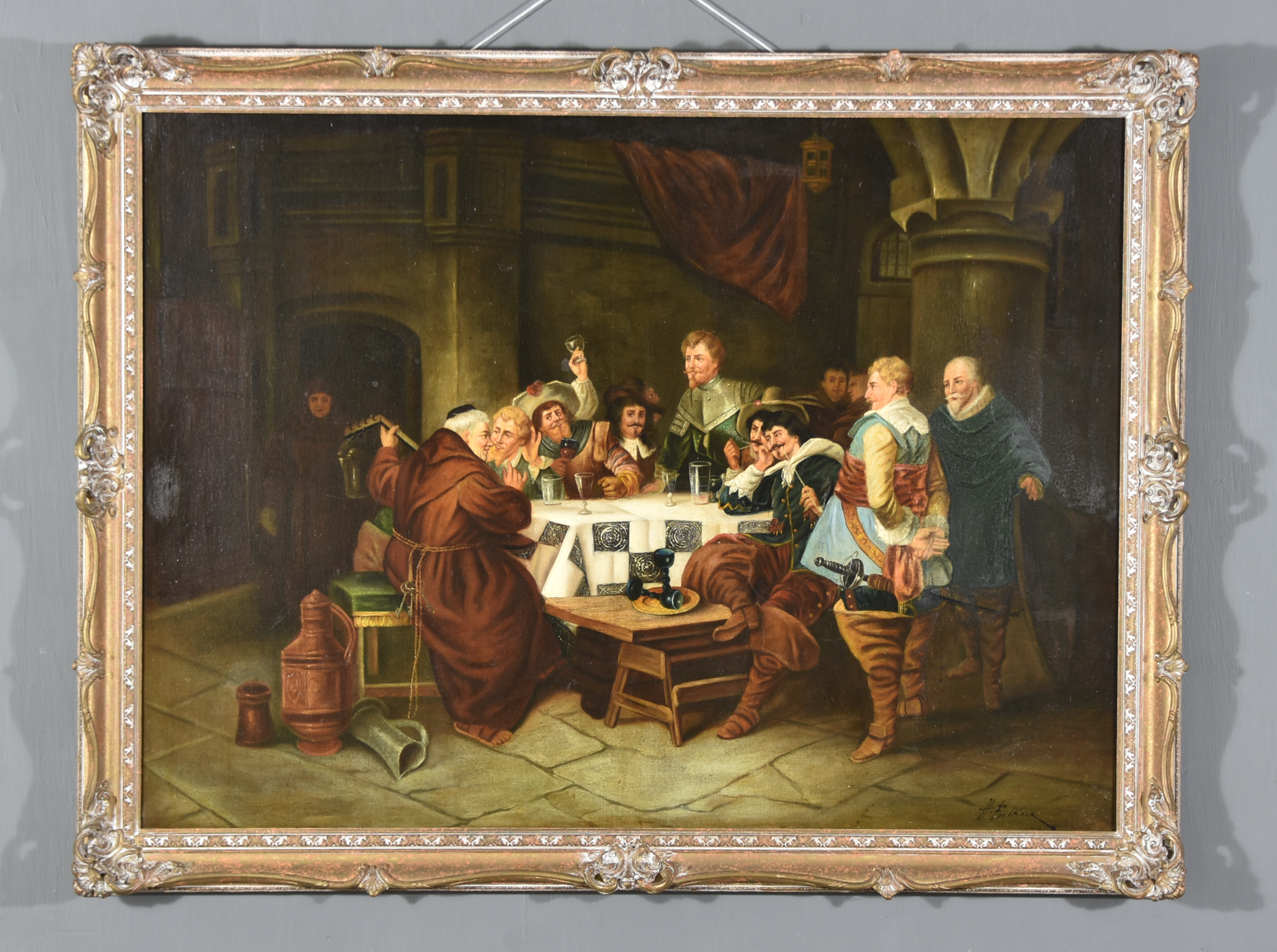 H. Faulkner (19th Century)- Oil painting - 17th Century interior scene with monk and cavaliers - Image 4 of 4