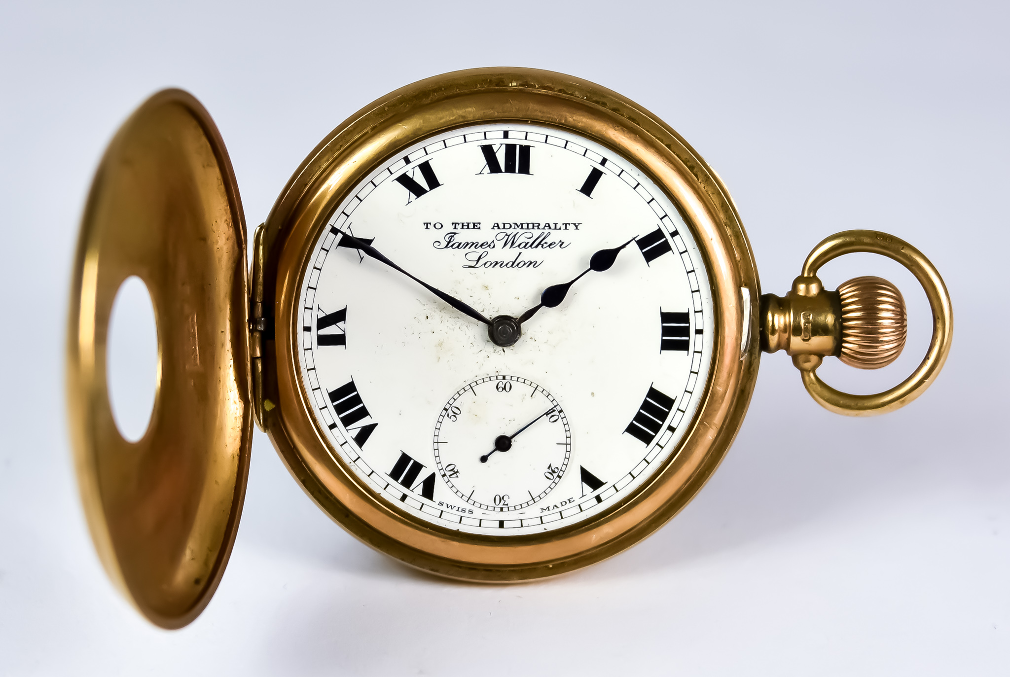 A 9ct Gold Half Hunting Cased Keyless Pocket Watch by James Walker of London, 45mm diameter case,