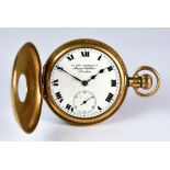 A 9ct Gold Half Hunting Cased Keyless Pocket Watch by James Walker of London, 45mm diameter case,
