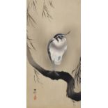Koson O'Hara (1877-1945) - Wood cut in colours - egret perching on a branch, signed, 13.5ins x 7ins,