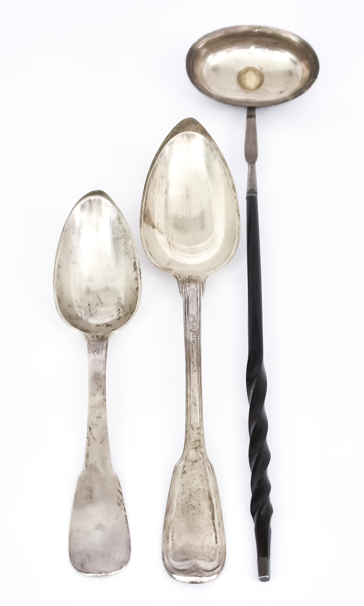 A Late 18th Century Silvery Metal Punch Ladle and Two French Silver Spoons, the punch ladle with