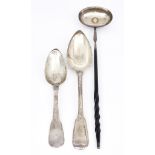 A Late 18th Century Silvery Metal Punch Ladle and Two French Silver Spoons, the punch ladle with