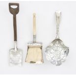 A George II Silver Caddy Spoon and Two Other Spoons, the fiddle pattern caddy spoon by Joseph