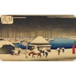 Hiroshige Ando (1797-1858) - Woodcut in colours - Evening snow at Takanawa, signed, 8.5ins x 13.