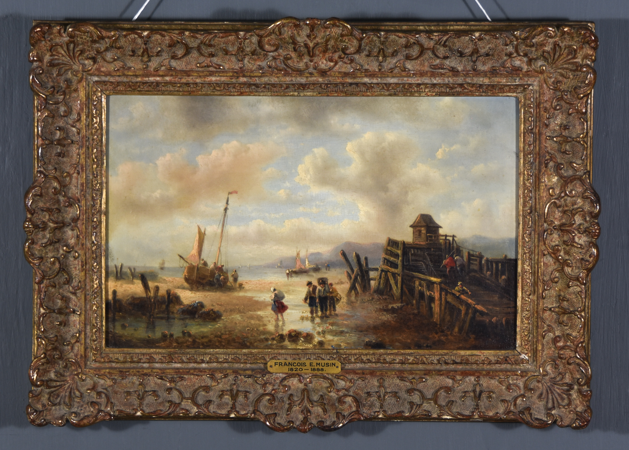 Francois Etienne Musin (1820-1888) - Pair of oil paintings - Seascapes - One with fishermen with - Image 7 of 9