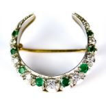 An Emerald and Diamond Crescent Brooch, 20th Century 9ct gold set with old European cut diamonds,