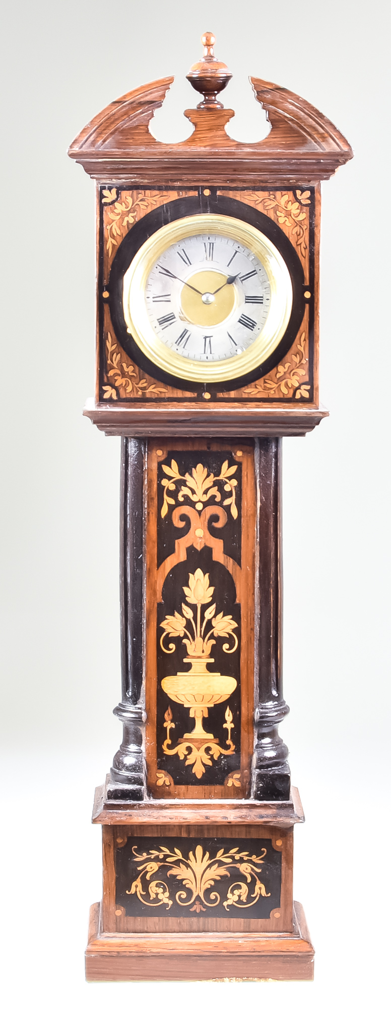 An Early 20th Century Rosewood and Marquetry Miniature Long Case Timepiece the 2.25ins diameter