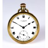 A 9ct Gold Open Faced Keyless Pocket Watch, by J W Benson of London, 44mm diameter case, white
