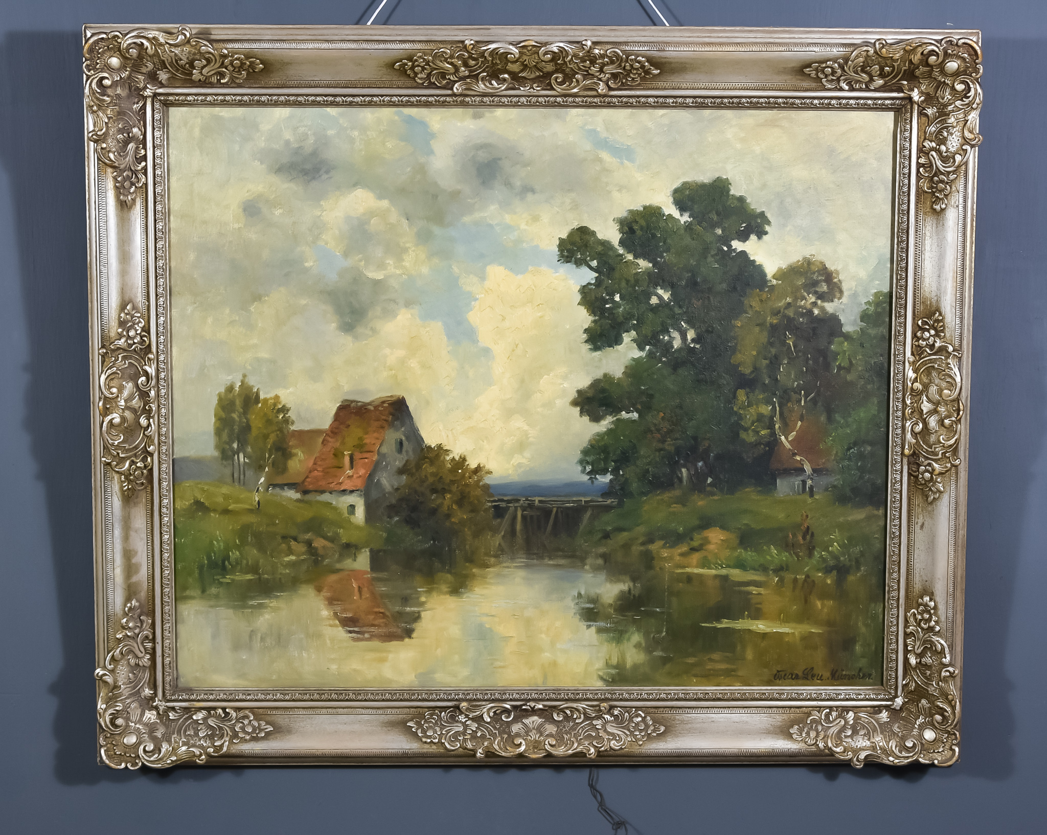 Oskar Leu (1864-1942) - Oil painting -"Am Mühlenteich" (At The Mill Pond), signed, canvas 26.25ins x - Image 2 of 4