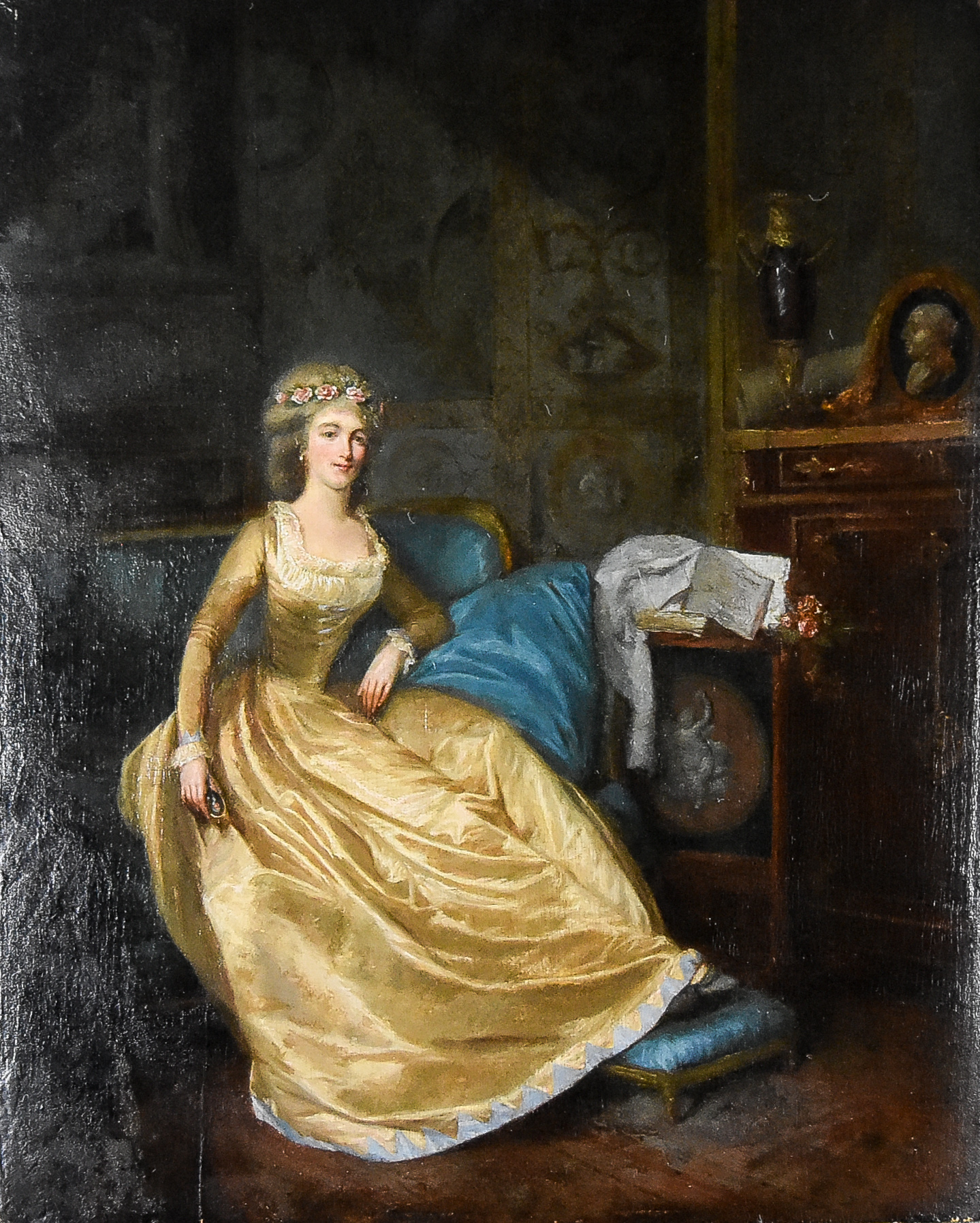 Late 18th Century French School - Oil painting - Neo-classical interior with female beauty seated