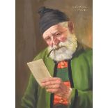 ***Fritz Müller (1913-1972) - Oil painting - Half length portrait of elderly gentleman reading a