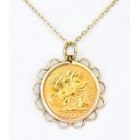 A 9ct Gold Necklace Mounted with an Edward VII Half Sovereign, fine chain, 420mm in length, total