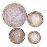 Four George III Silver coins, comprising - silver crown, 1820, fair, three silver shillings, 1787,