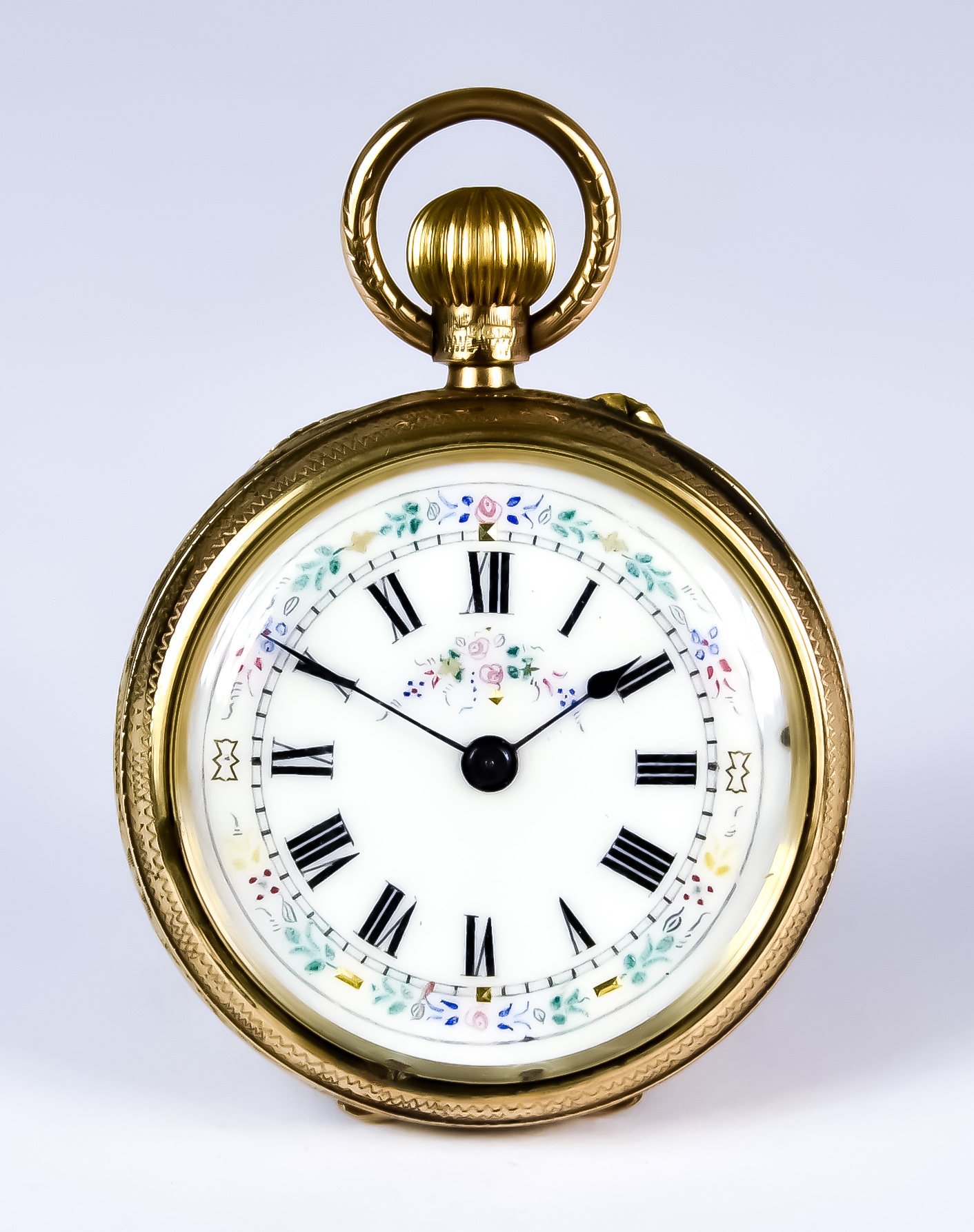 A Lady's 9ct Gold Fob Watch, Continental, 39mm diameter case, decorated with heart and foliate work,