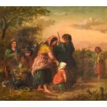 A 19th Century Continental School - Oil painting - Country pathway with group of peasant figures