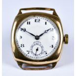 A Gentleman's 9ct Gold Manual Wind Wristwatch, 40mm x 40mm case, white enamelled dial with black