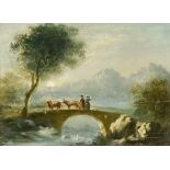19th Century British School - Oil painting - River landscape with figures leading horses over low