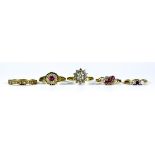 Five Gem Rings, Modern, 9ct gold, comprising - three stone ruby and diamond ring, size H, flower
