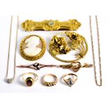 A Mixed Lot of 9ct Gold and Gilt Metal Items, comprising - two gilt metal brooches, a gilt metal