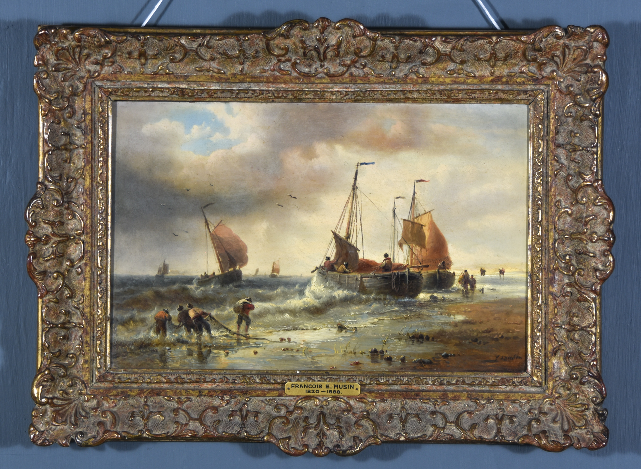 Francois Etienne Musin (1820-1888) - Pair of oil paintings - Seascapes - One with fishermen with - Image 3 of 9