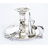 A George III Silver Circular Chamber Candlestick and a Pair of Candle Snuffers, the candlestick By