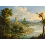 19th Century Continental School - Oil painting - River landscape with figures to foreground, board