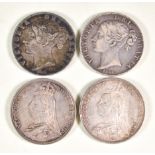 Four Victoria Crowns, 1844,1845,1887,1889, all fair/fine, six silver crowns, Victoria 1891, fair/