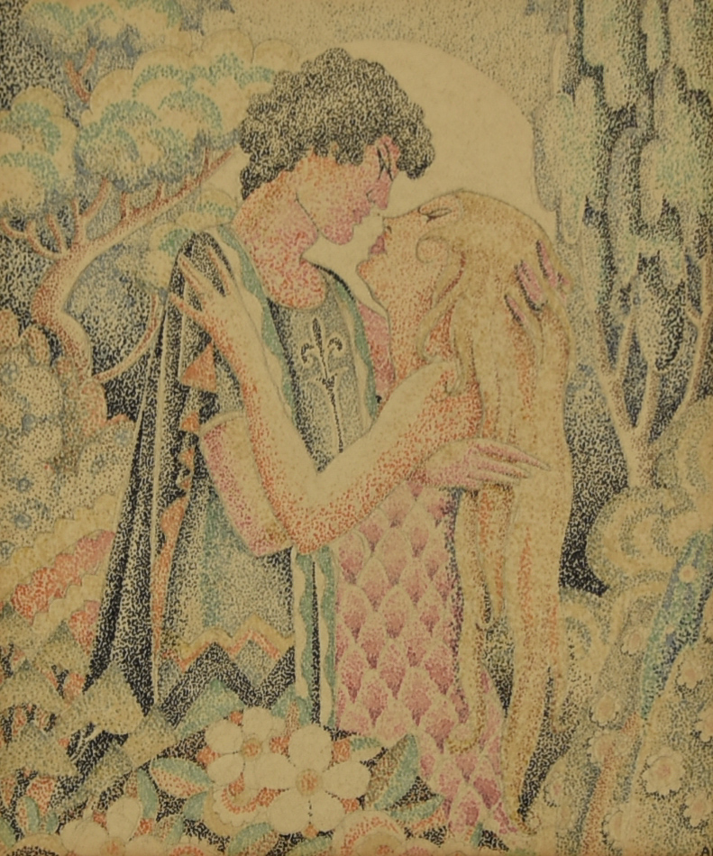 A. E. Halliwell (1905-1987) - Watercolour - Two lovers in an idealised landscape in pointillist