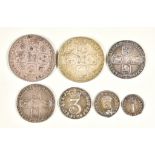 Seven George II Silver Coins, comprising - two silver sixpences, 1757 and 1758, fair, two silver
