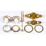 A Mixed Lot of 9ct Gold, comprising - baroque style memento brooch, and another similar, a gem set