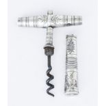 A George III Silver Pocket Corkscrew By ? & W, maker's mark only, with barrel shaped handle and