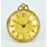 An Open Faced Lady's Pocket Watch, 18ct gold, 40mm diameter case, heavily cased and depicting a