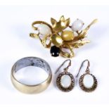 A Mixed Lot of Gold, Modern, comprising - 9ct gold wedding band, size N, a pair of opal set earrings