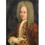 18th Century English School - Oil painting - Shoulder length portrait of a bewigged gentleman
