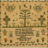 An English Sampler Worked in Coloured Silks By Jane Blissett, Early 19th Century, with Adam and