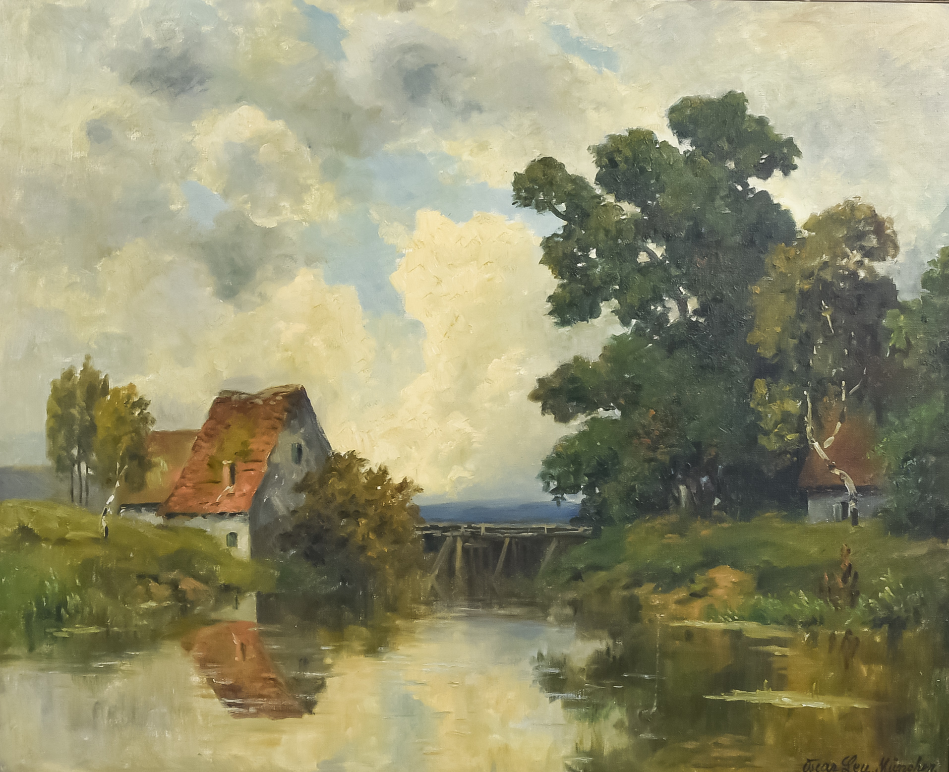 Oskar Leu (1864-1942) - Oil painting -"Am Mühlenteich" (At The Mill Pond), signed, canvas 26.25ins x
