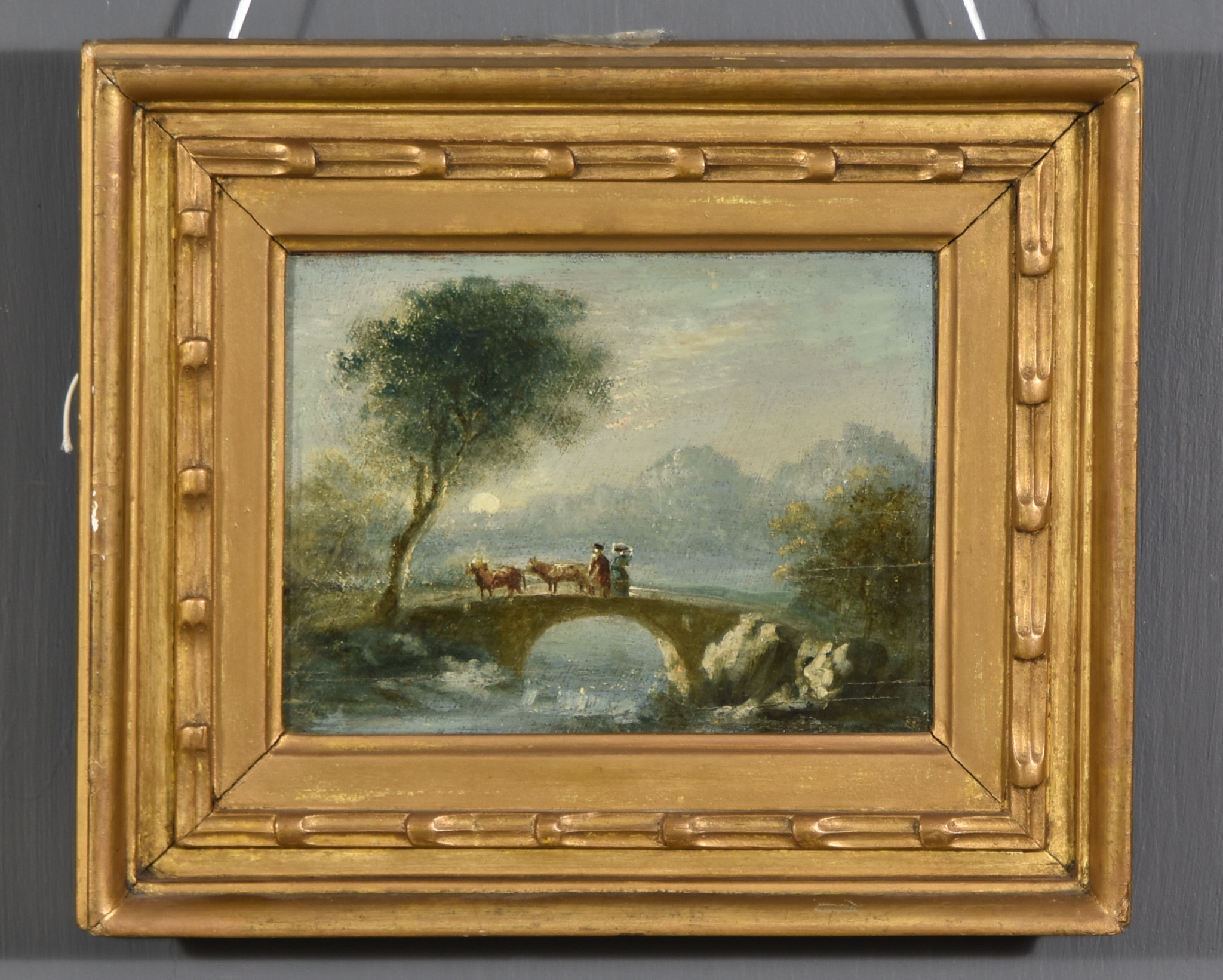 19th Century British School - Oil painting - River landscape with figures leading horses over low - Image 7 of 8