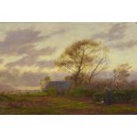 William Bright Morris (1844-1912) - Oil painting - Rural coastal landscape with woman gathering