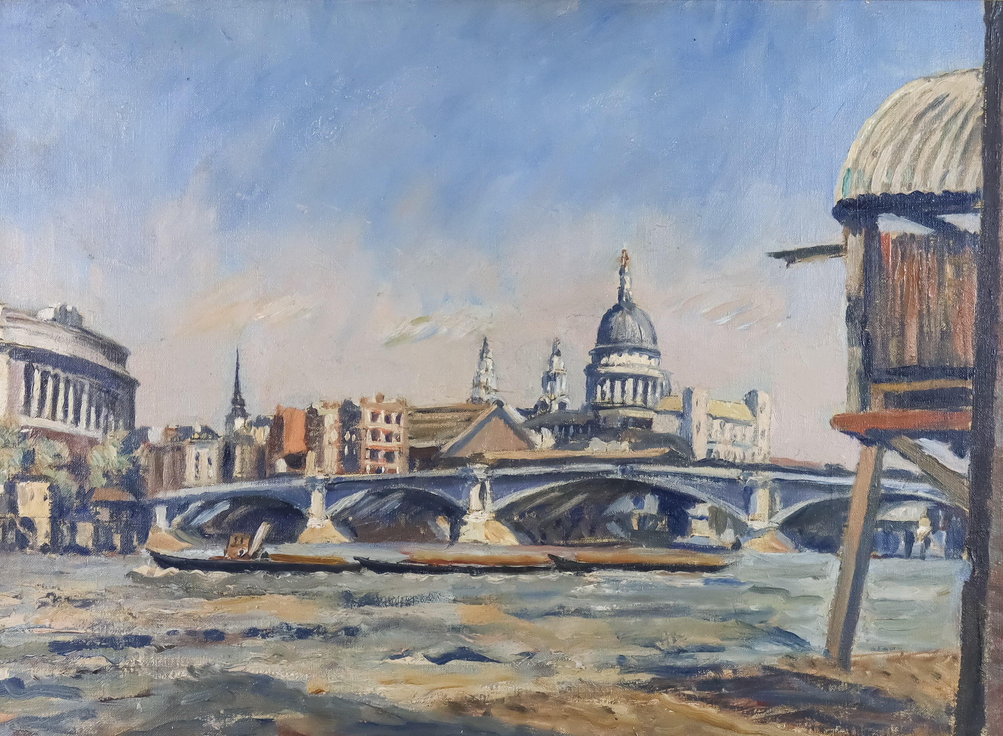 Karl Hage (?)- Oil painting - View of St Paul's from the Thames, canvas 16ins x 22ins,