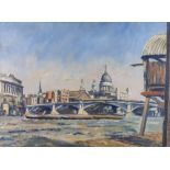 Karl Hage (?)- Oil painting - View of St Paul's from the Thames, canvas 16ins x 22ins,