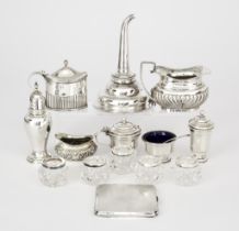 An Elizabeth II Silver Circular Three Piece Condiment Set and Mixed Silver Ware, the condiment set