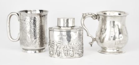 Two Silver Christening Mugs and a Silver Oval Tea Caddy, one christening mug by George Unite,