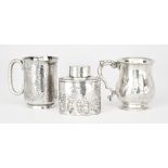 Two Silver Christening Mugs and a Silver Oval Tea Caddy, one christening mug by George Unite,