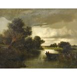C. Linnell (19th Century) - Oil painting - River scene with two men fishing from a boat, signed