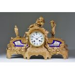 A Late 19th Century French Lacquered Metal and Porcelain Mounted Cased Mantel Clock, retailed by