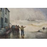 Ernest Dade (1868-1936) - Watercolour - Fishermen standing off shore looking towards a fishing