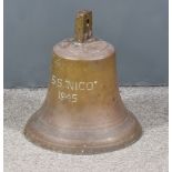 A Brass Ship's Bell - "S. S. Nico. 1945", 16ins high Note: The S.S. Nico was built in 1945 by The